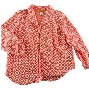 Ruby Rd. Womens Orange Geometric Print Open Cardigan Jacket‎ Blouse Size M Soft